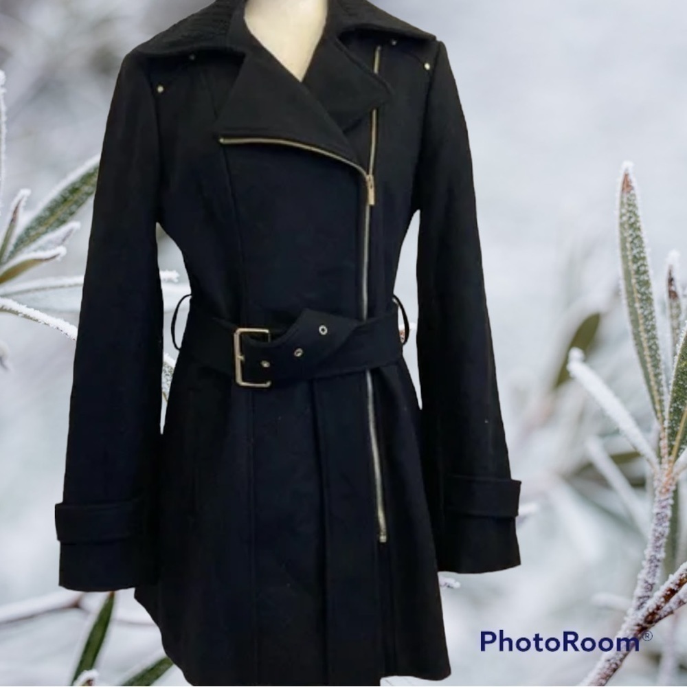 𝅺kenneth Cole Black Wool Blend Belted Trench